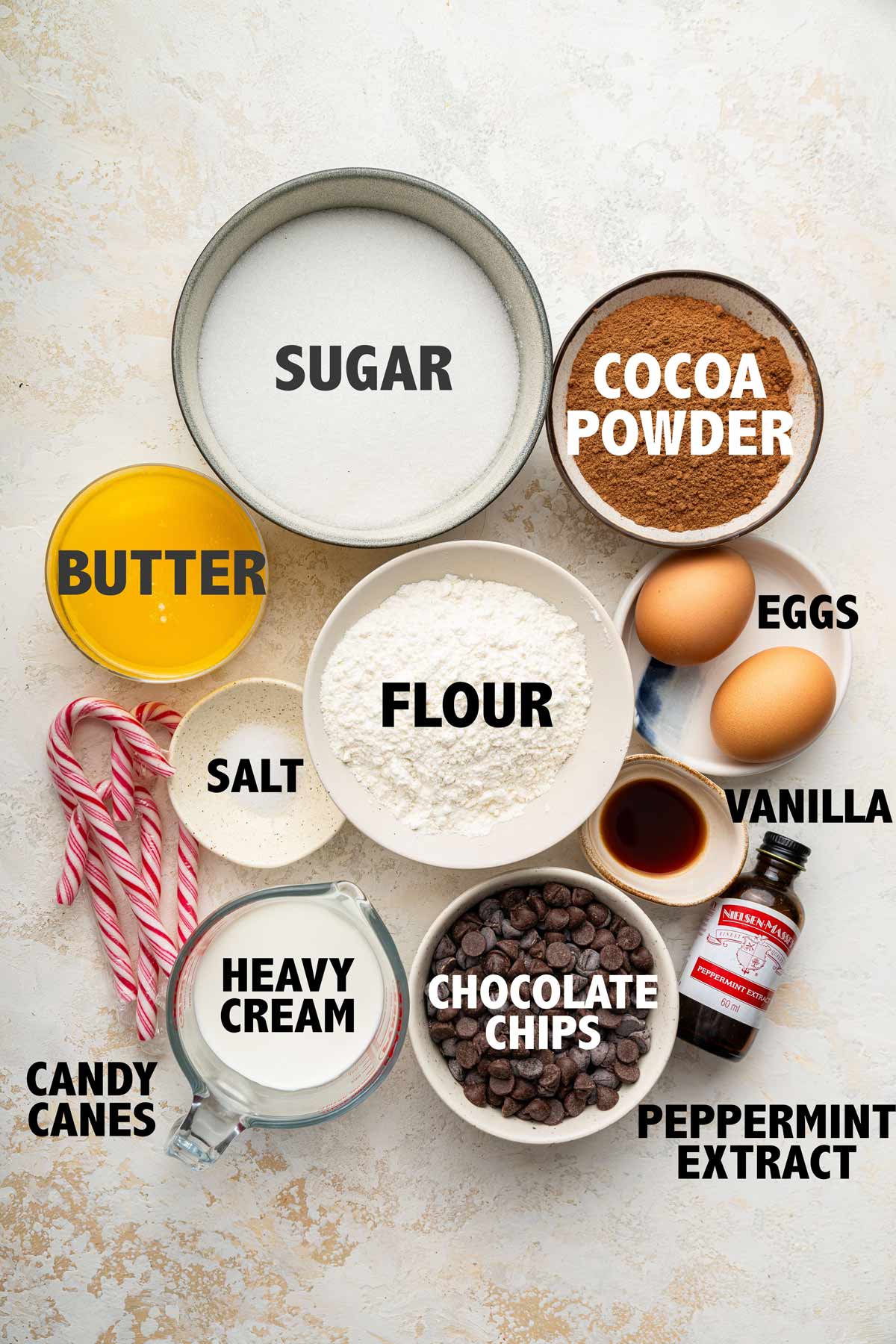 overhead view of the ingredients used to make peppermint brownies. 