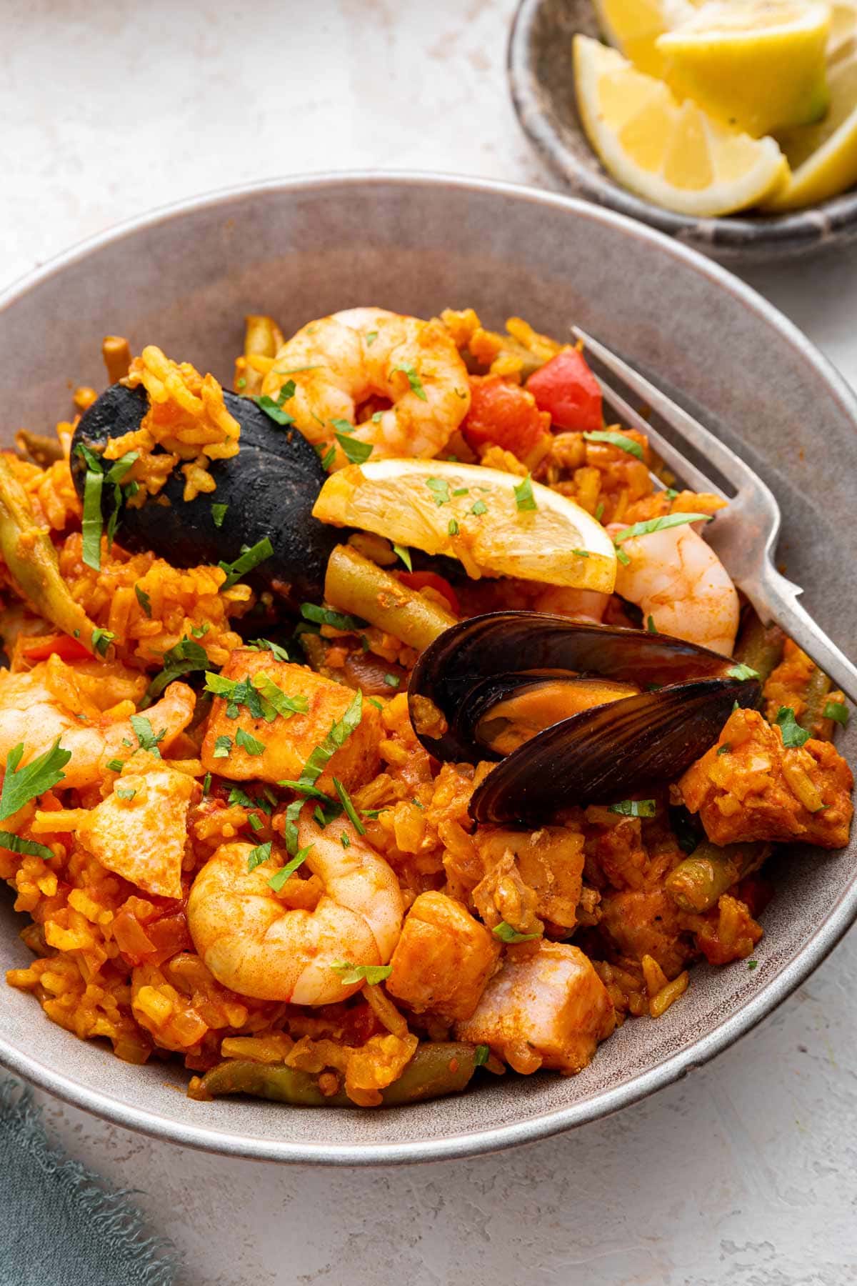 bowl of salmon paella.