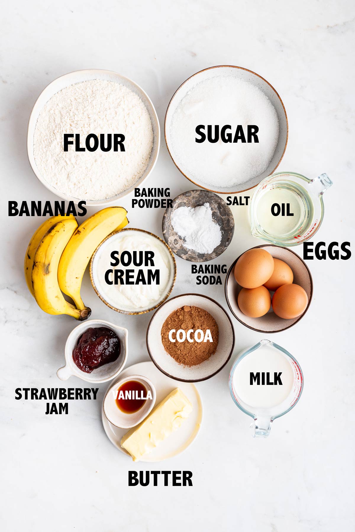 overhead view of ingredients used to make a banana split bundt cake.
