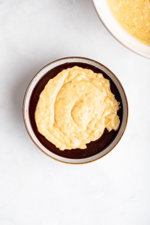 banana cake batter combined with cocoa powder and vegetable oil.