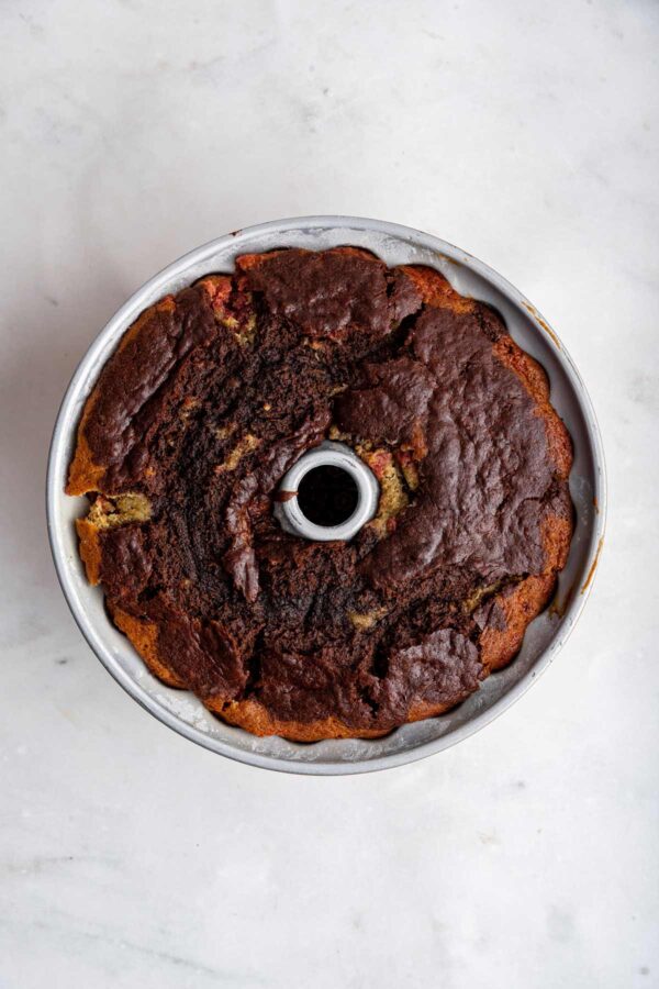 banana split bundt cake in the pan after baking.