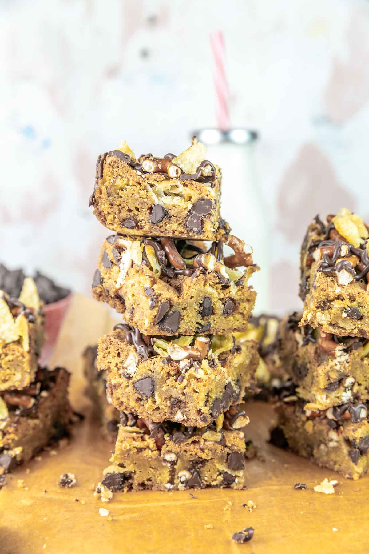 stack of four potato chip pretzel cookie bars.