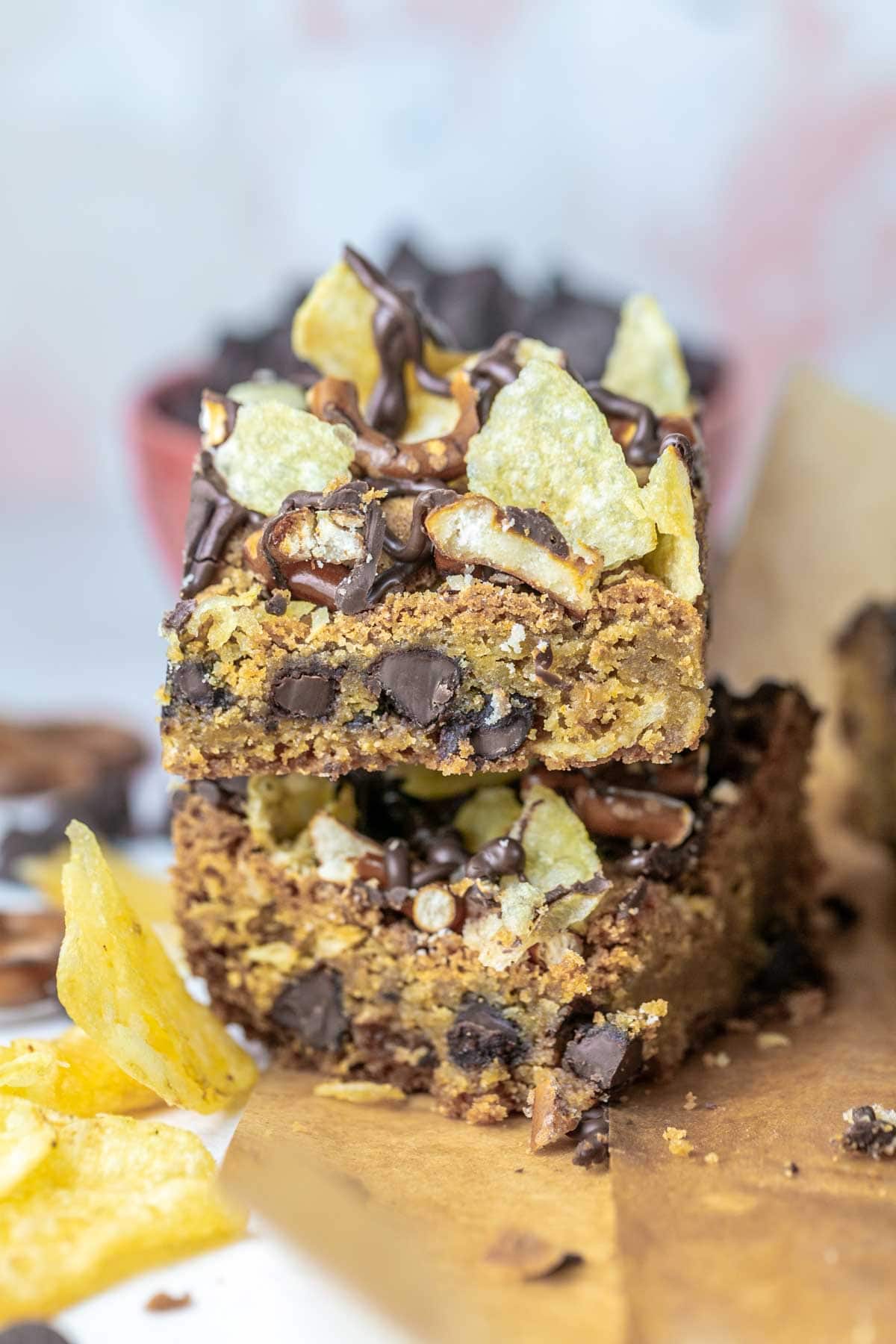 side view of soft sweet and salty cookie bars.
