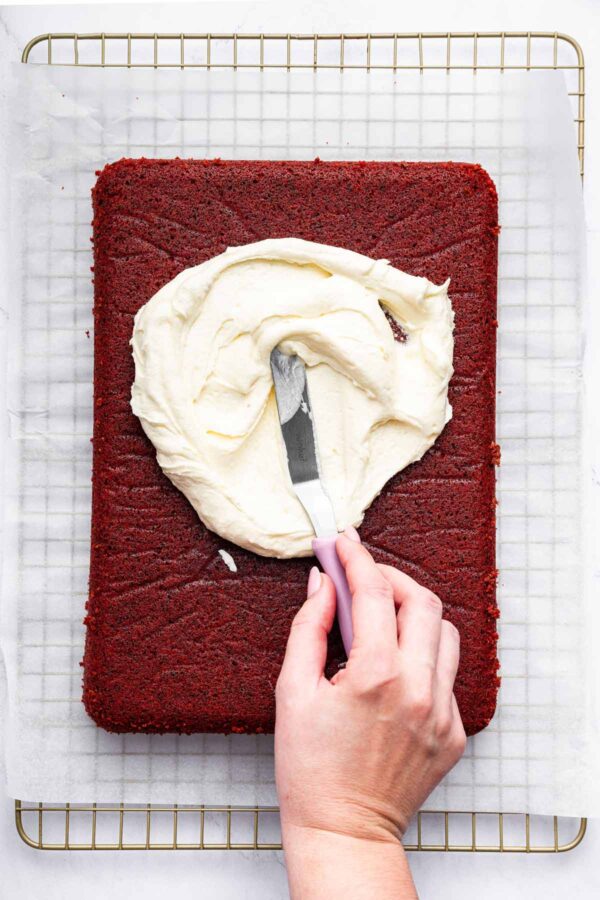 spreading cream cheese frosting onto a red velvet sheet cake.