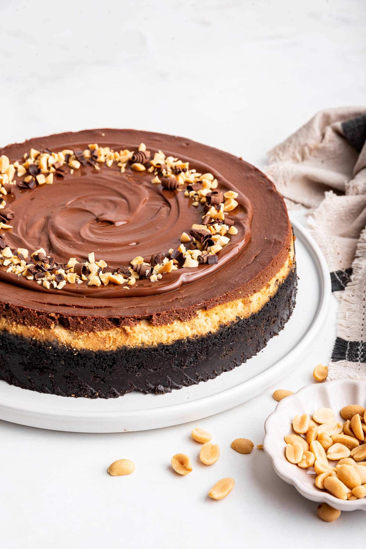 chocolate peanut butter cheesecake with an oreo crust.