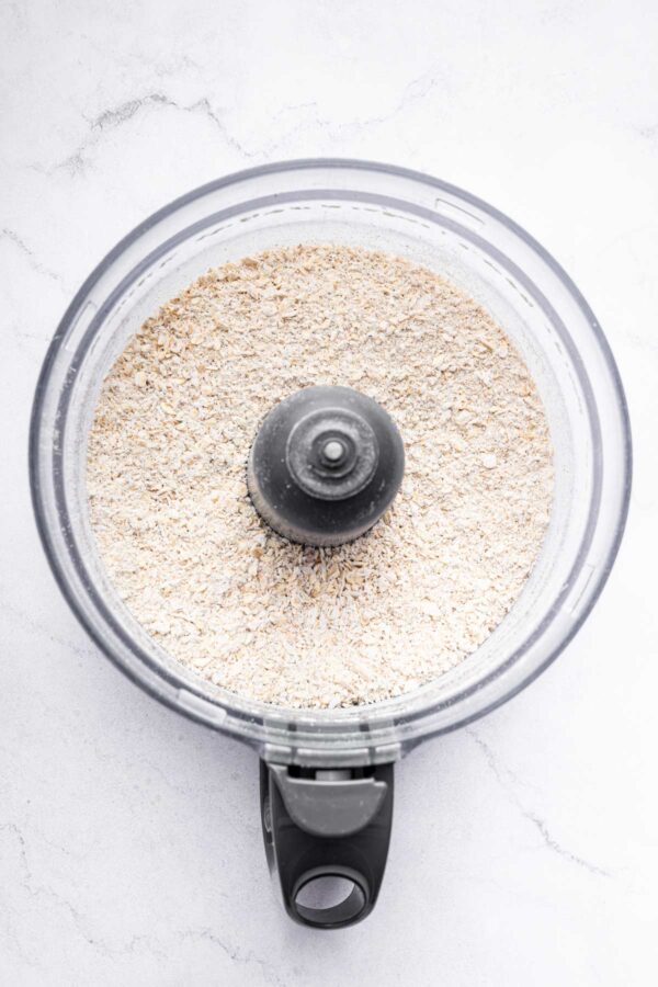 old fashioned oats in a food processor ground down to a smaller size.