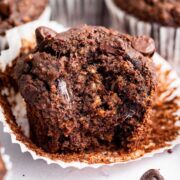 gluten-free dairy-free chocolate tahini muffins with a fudgy center