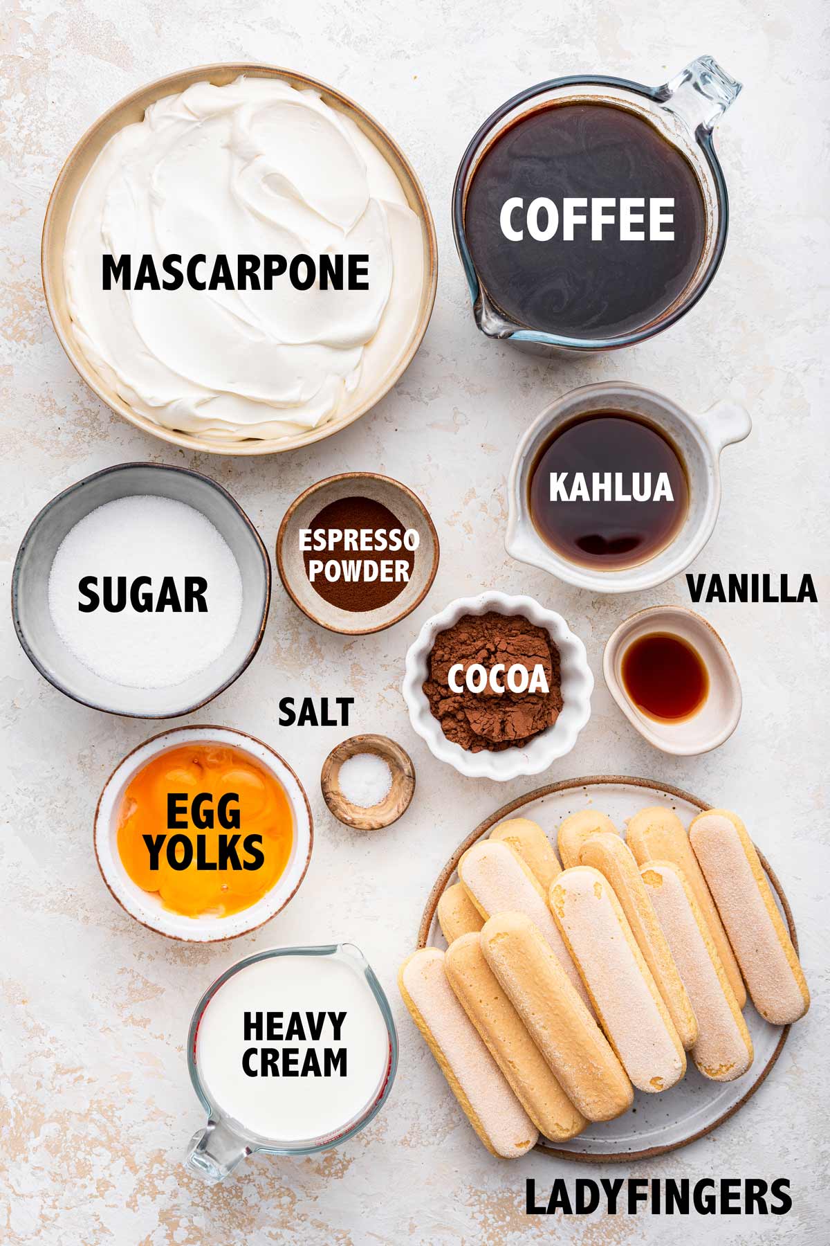 overhead view of ingredients used to make a traditional tiramisu.