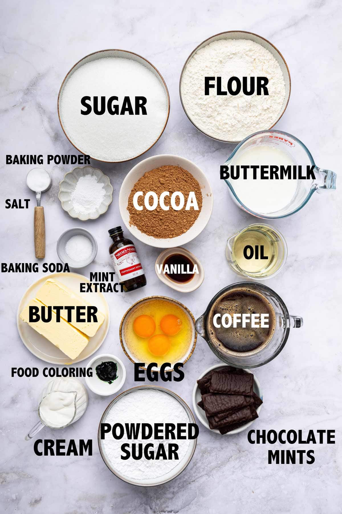 overhead view of ingedients used to make mint chocolate chip sheet cake.
