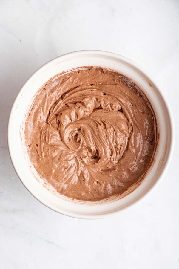 thick chocolate cake batter in a mixing bowl.