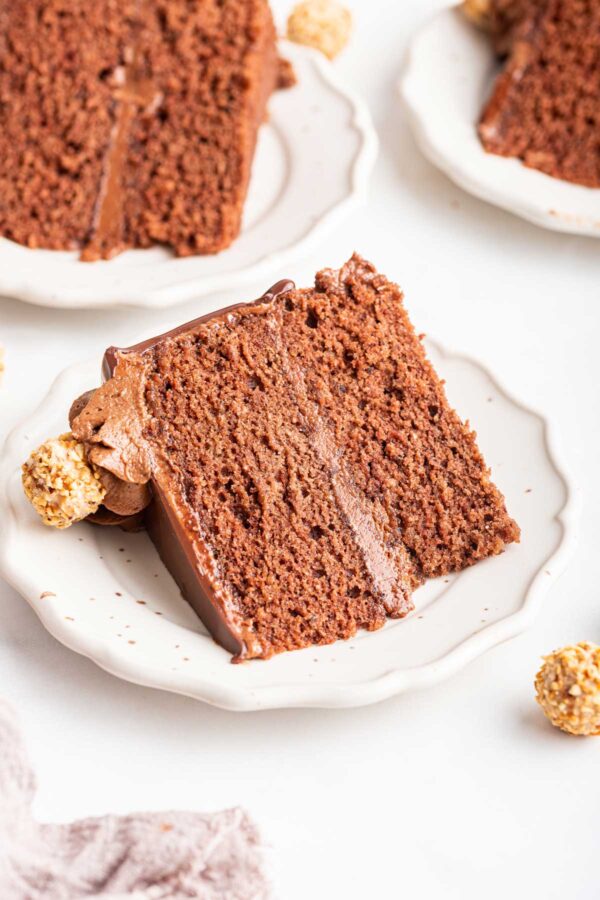 slice of chocolate hazelnut cake on its side.