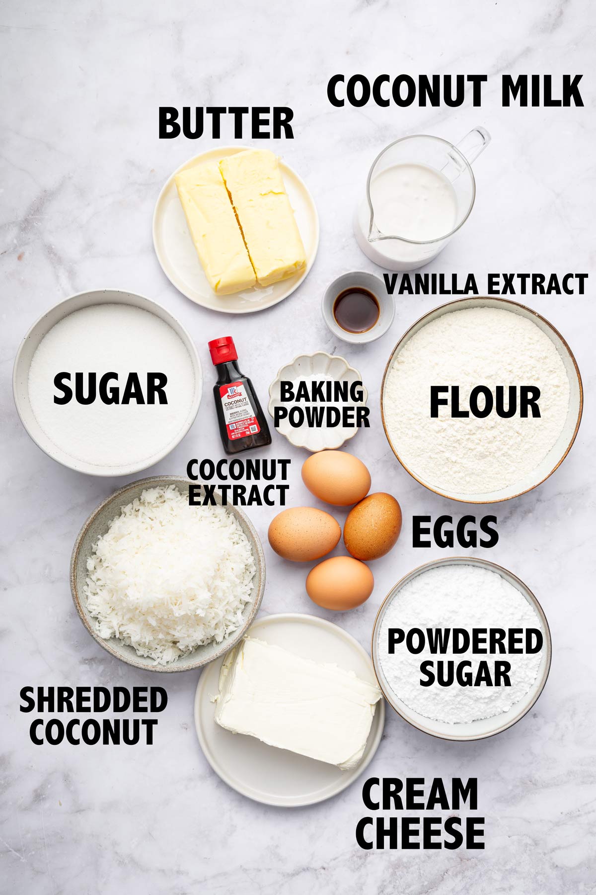 overhead view of ingredients used to make a coconut sheet cake.