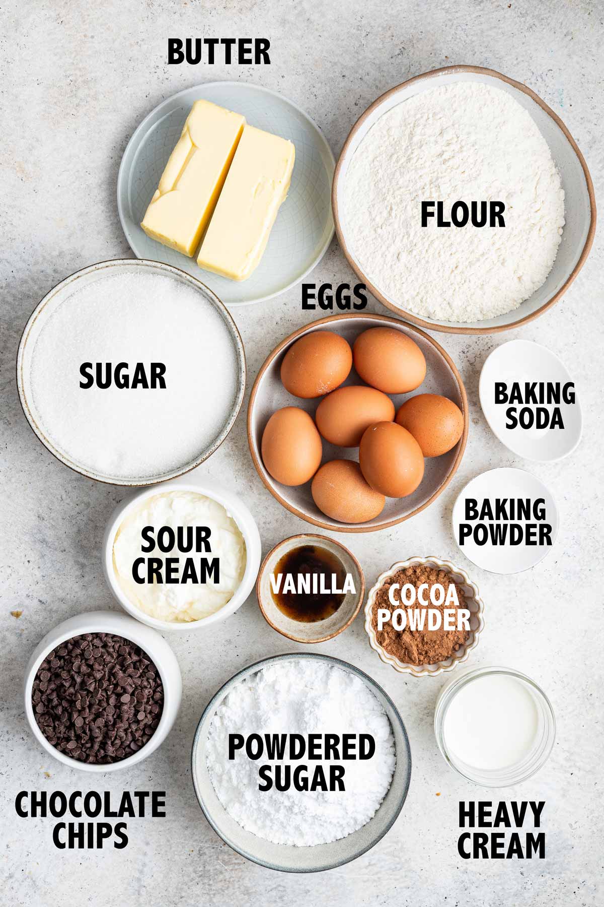 overhead view of ingredients used to make a chocolate chip pound cake.