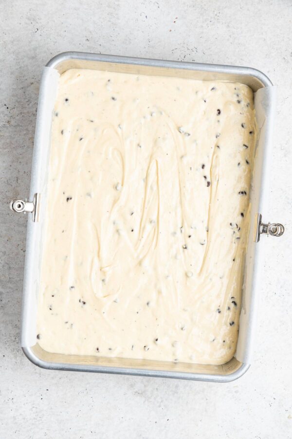 chocolate chip pound cake sheet cake before baking.