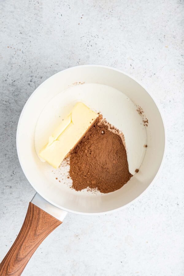 butter, sugar, and cocoa powder in a saucepan.