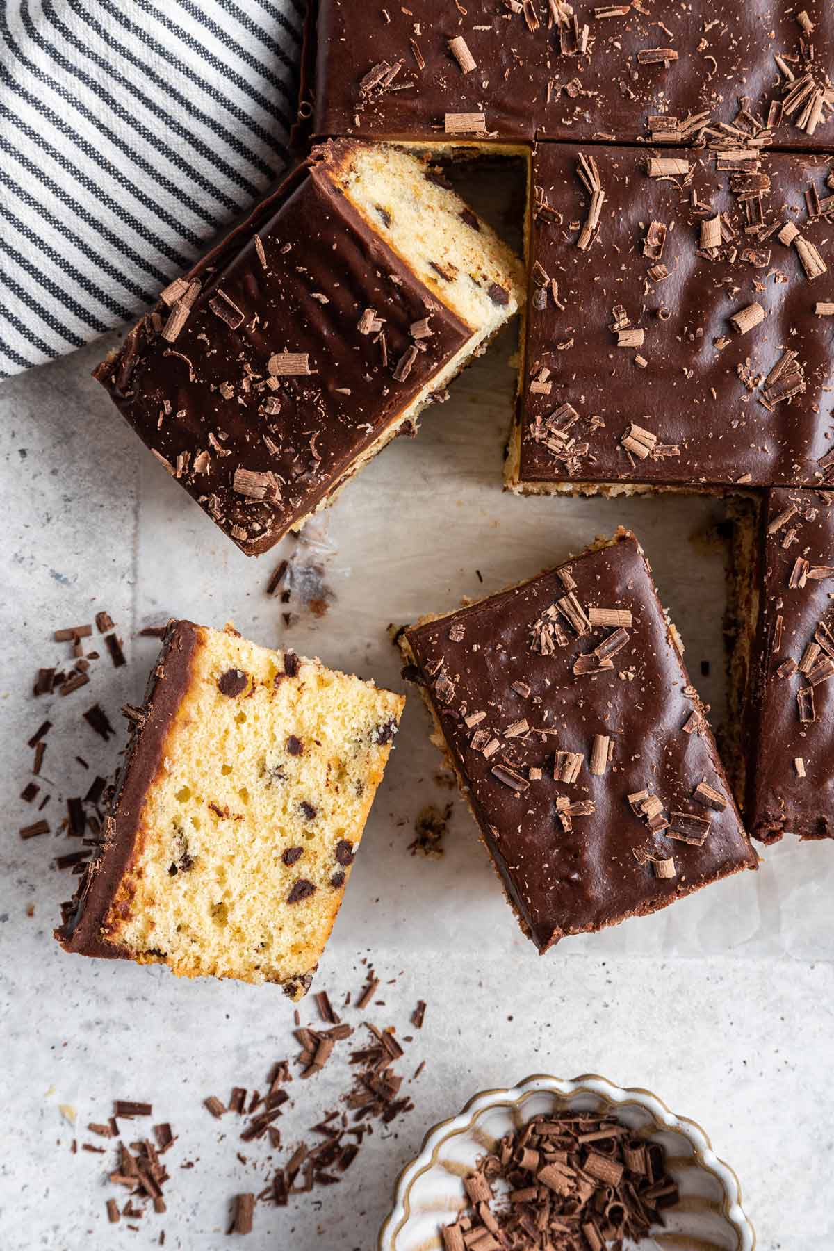 slices of chocolate chip pound cake on their side showing the distiribution of chocolate chips.