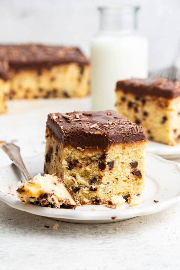 slice of chocolate chip pound cake with one forkful removed.