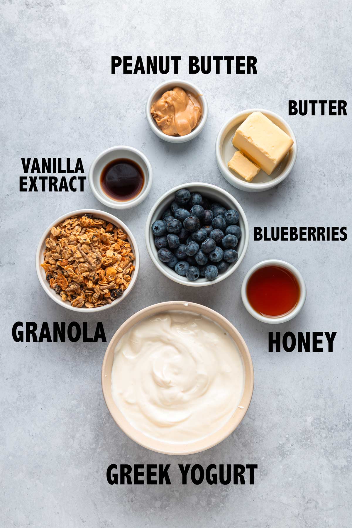 overhead view of ingredients used to make homemade blueberry frozen yogurt bars.