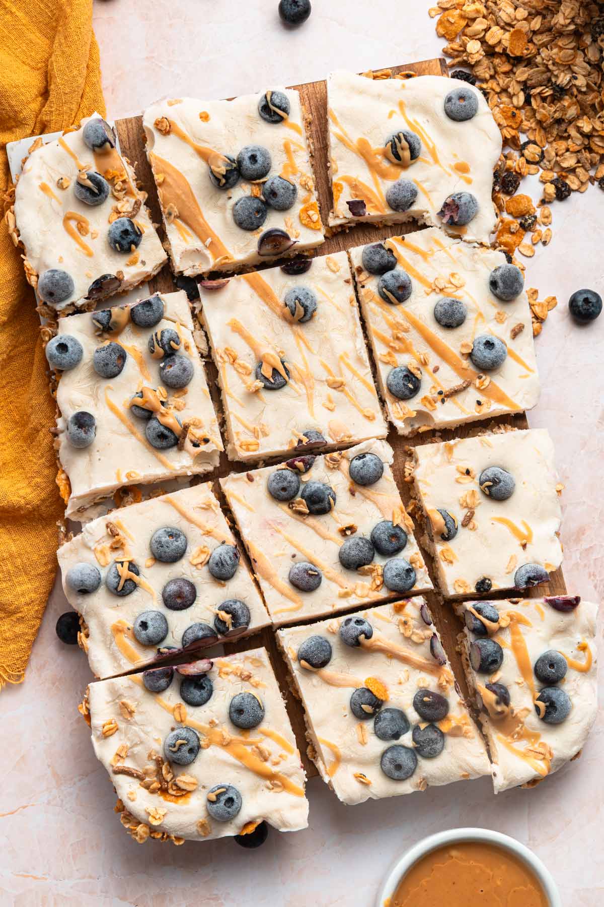 frozen yogurt bars covered with blueberries cut into squares.