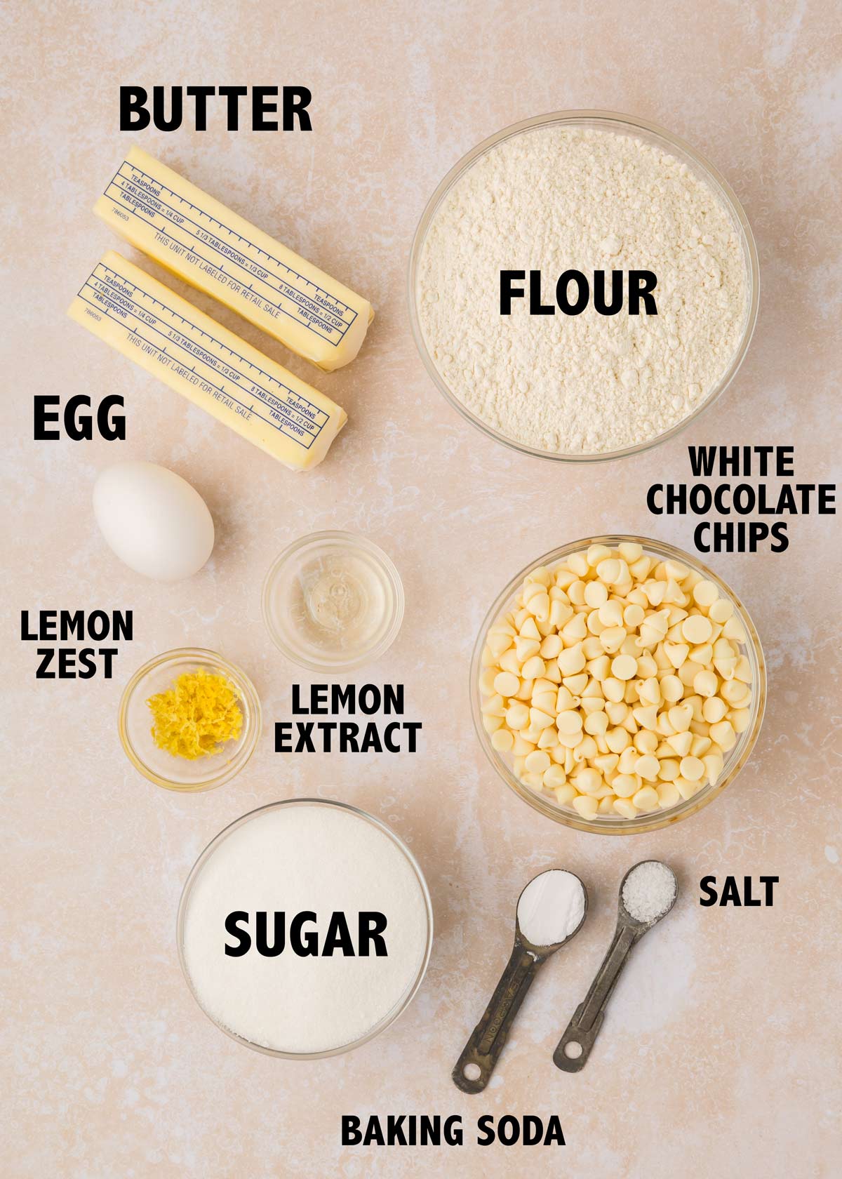 overhead view of ingredients used to make white chocolate lemon cookies.