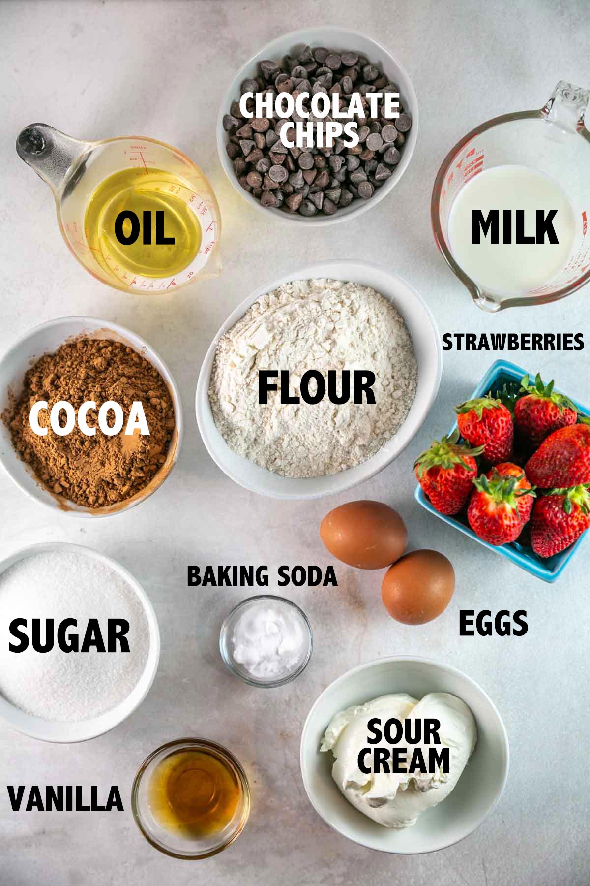 overhead view of ingredients used to make strawberry muffins.