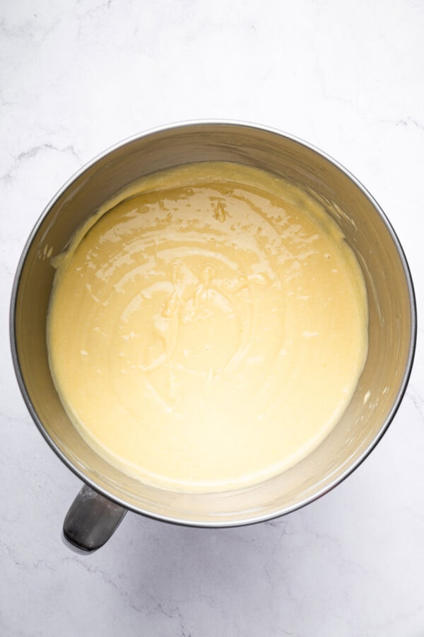 homemade cake batter in a mixing bowl.