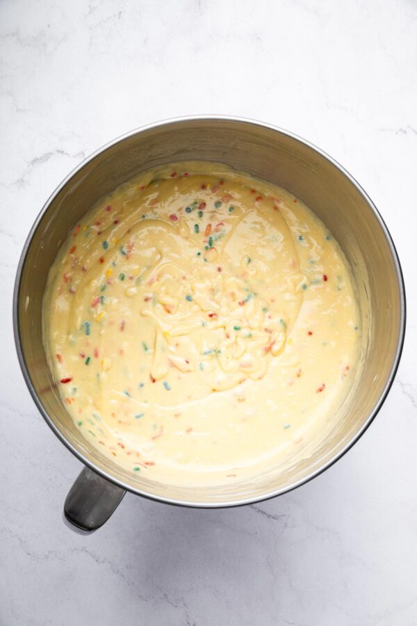 funfetti cake batter in a mixing bowl.