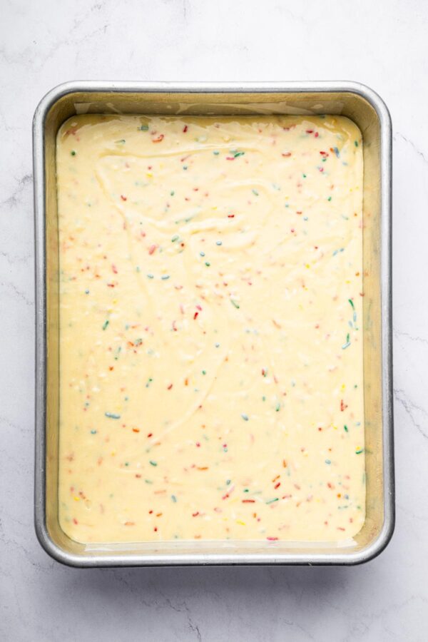 funfetti sheet cake before baking.
