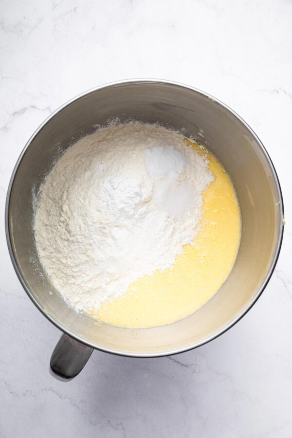 adding flour to a vanilla cake batter.