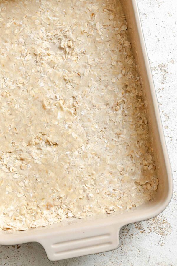 oatmeal crust pressed into the bottom of a baking dish.