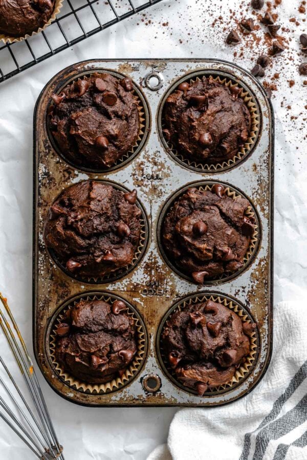 freshly baked chocolate pumpkin muffins still in the muffin tin.