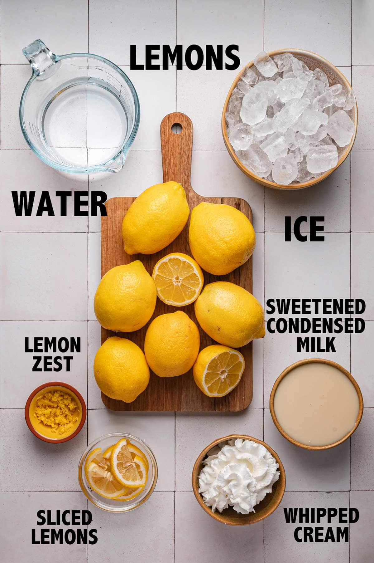 overhead view of ingredients used to make creamy frozen lemonade.