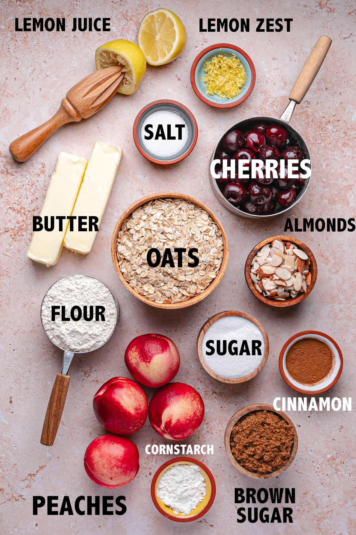 overhead view of ingredients used to make a peach cherry crisp.