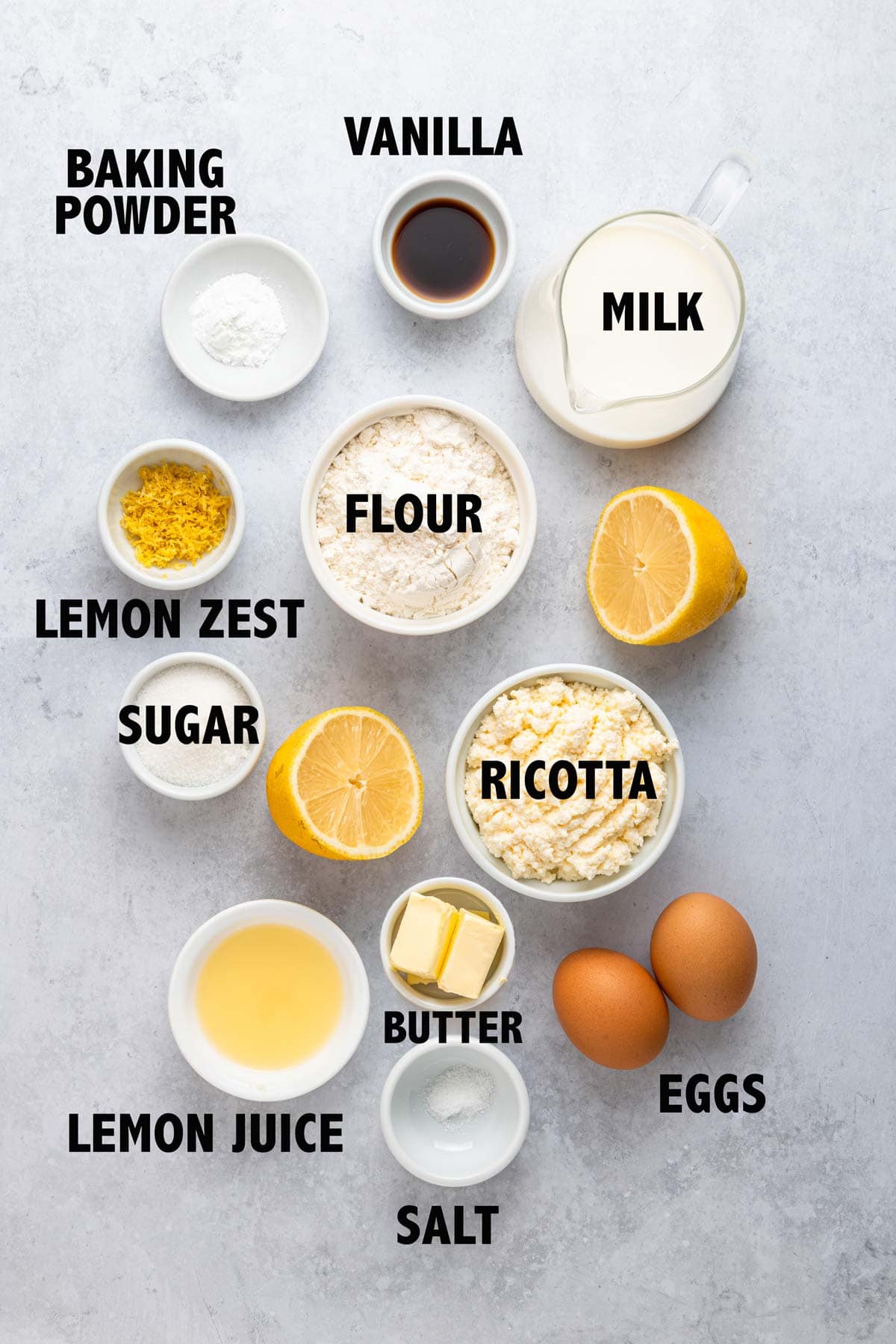overhead view of ingredients used to make lemon ricotta pancakes.