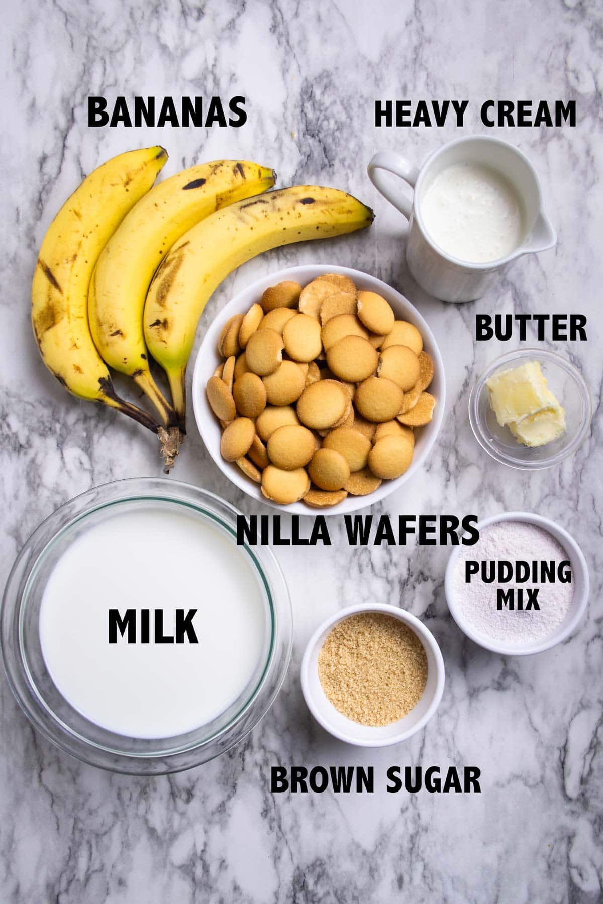 overhead image of ingredients used to make caramelized banana pudding.