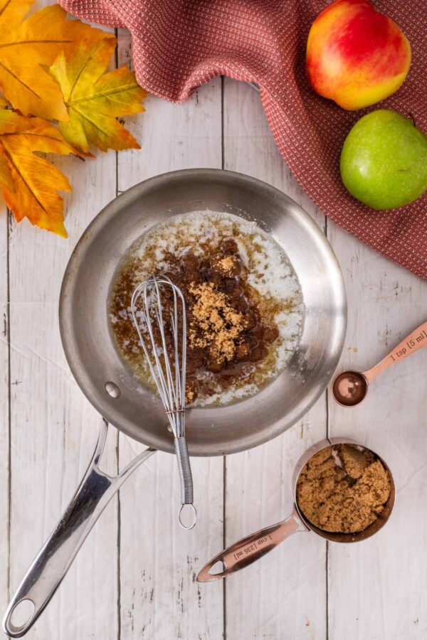 whisking brown sugar and melted butter in a saucepan.