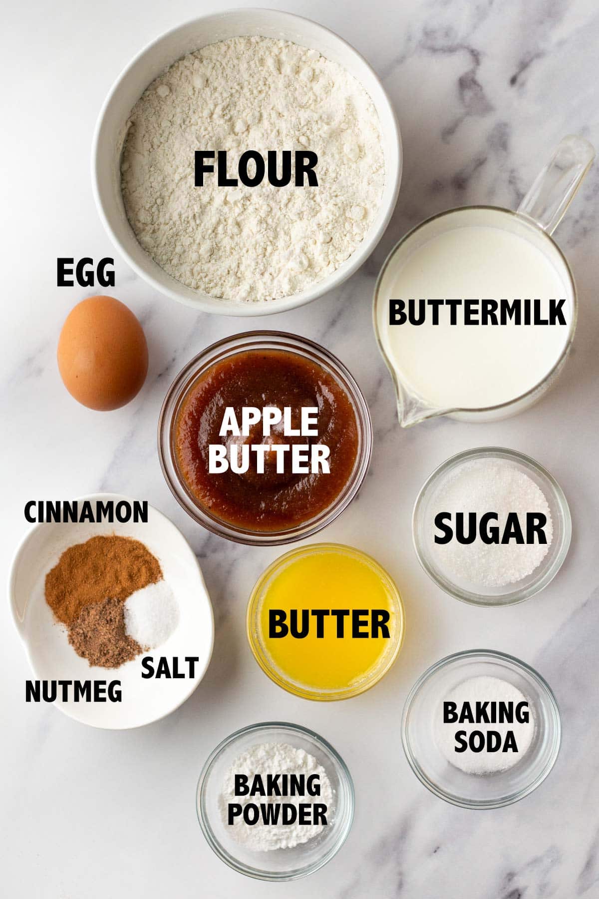 overhead view of ingredients used to make apple butter pancakes.