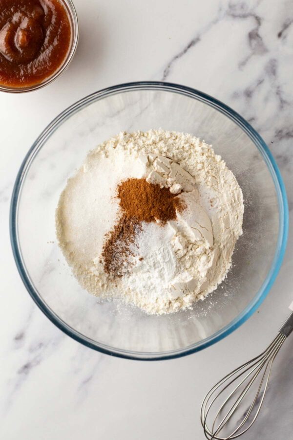 dry ingredients for pancakes in a mixing bowl.