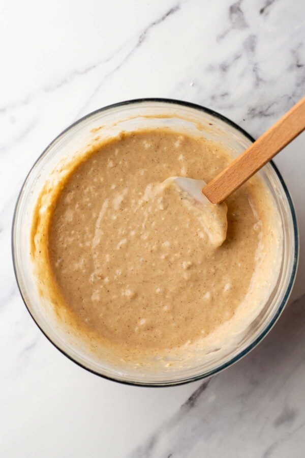 apple butter pancake batter in a mixing bowl.