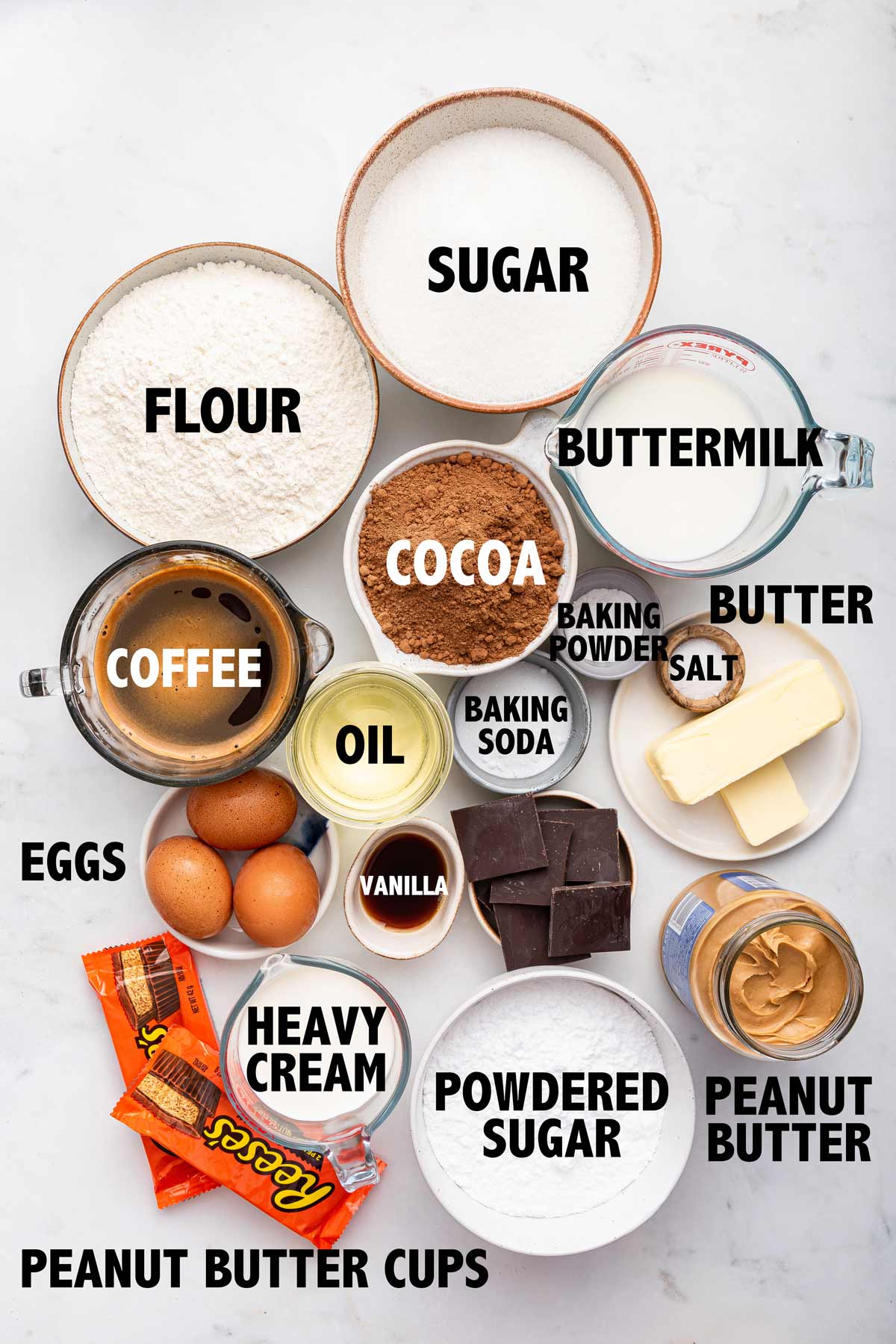 overhead view of ingredients used to make chocolate peanut butter cup cake.