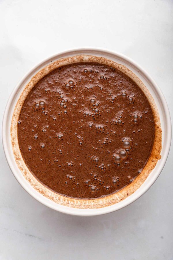 chocolate cake batter in a mixing bowl.