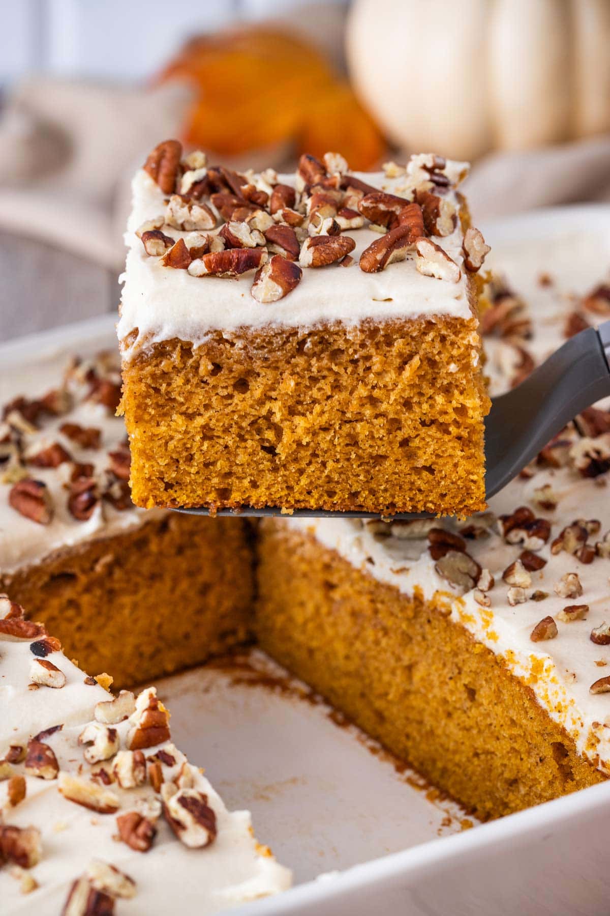 lifting a square of cake from the rest of the pan.