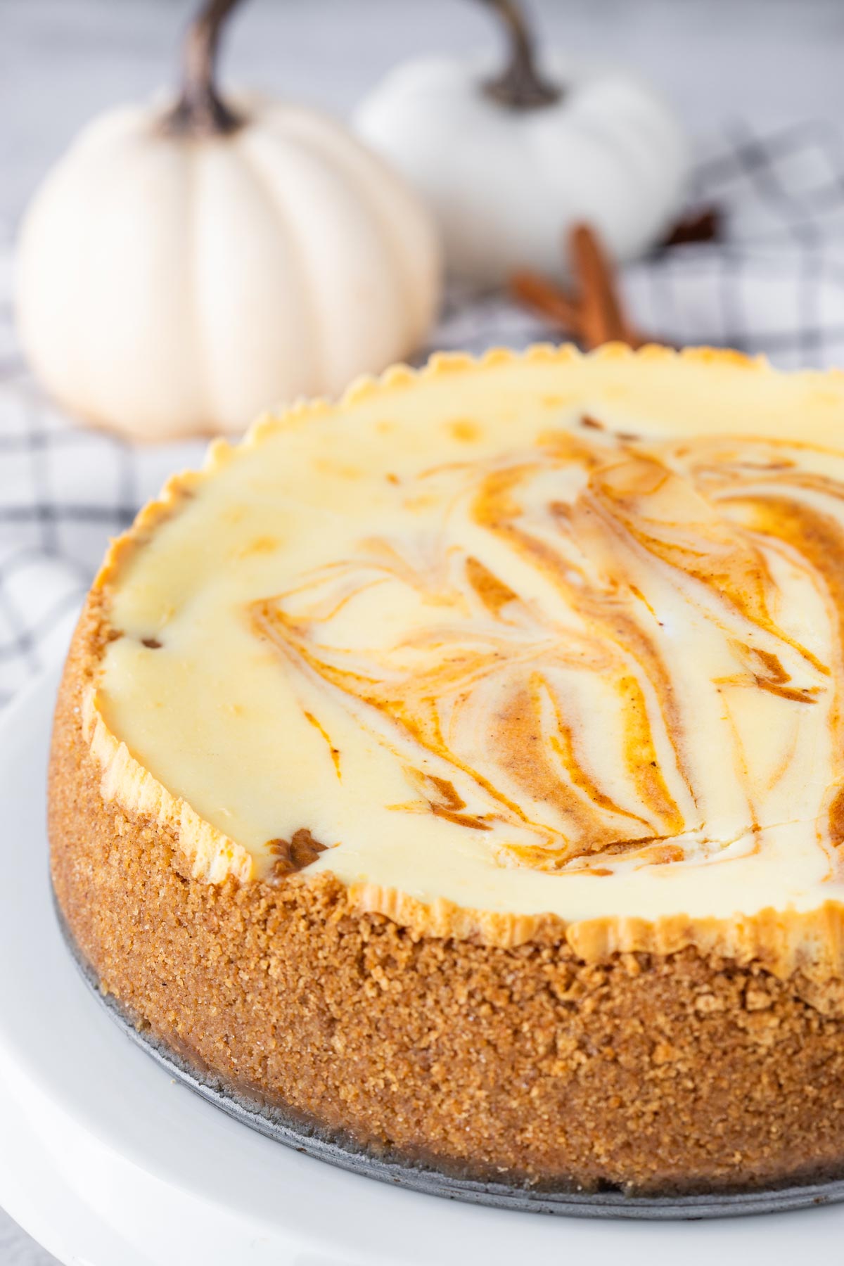 pumpkin swirl cheesecake showing the smooth top with ribbons of pumpkin running through the cheesecake.