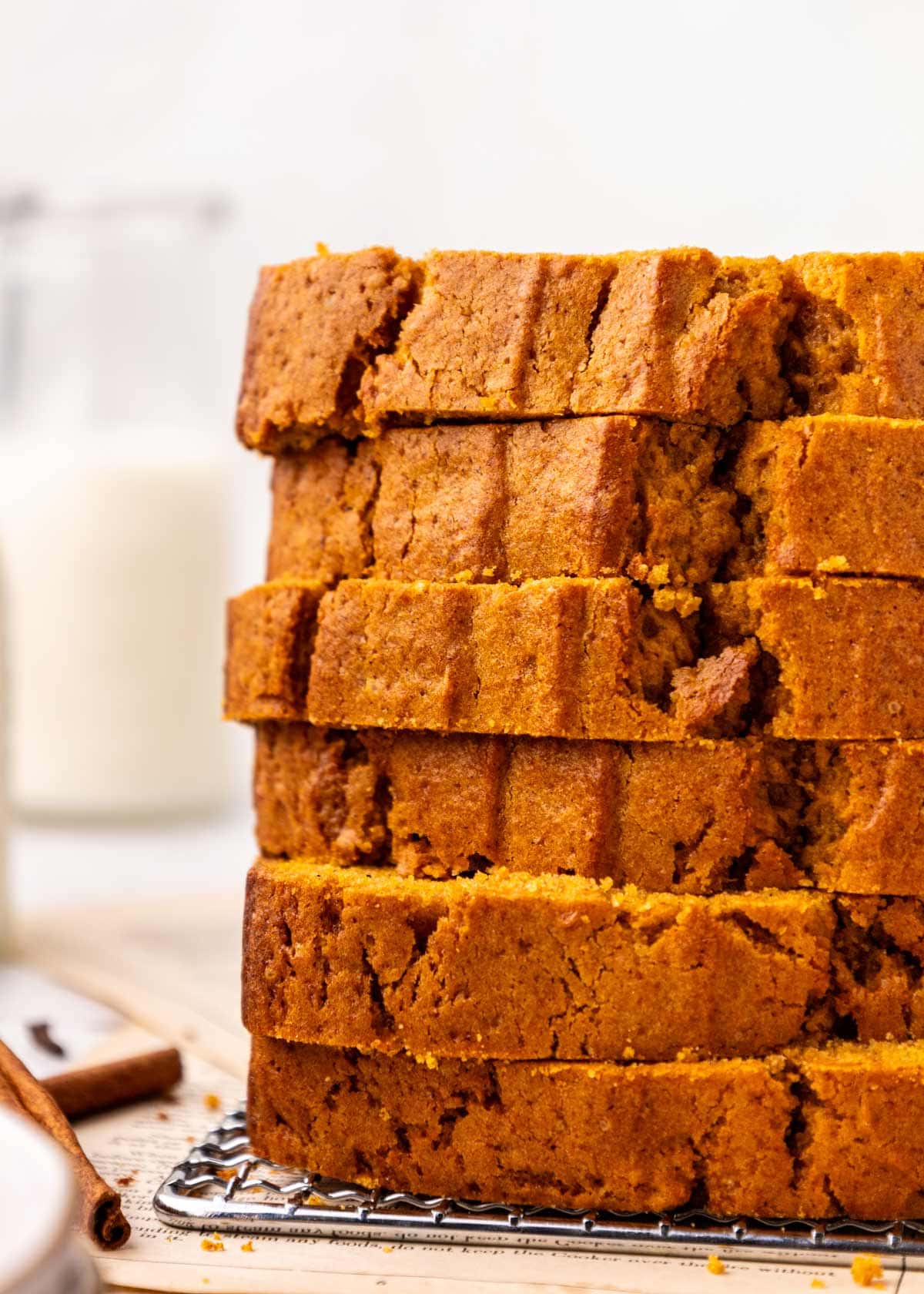 vertical stack of slices of sweet potato quick bread.