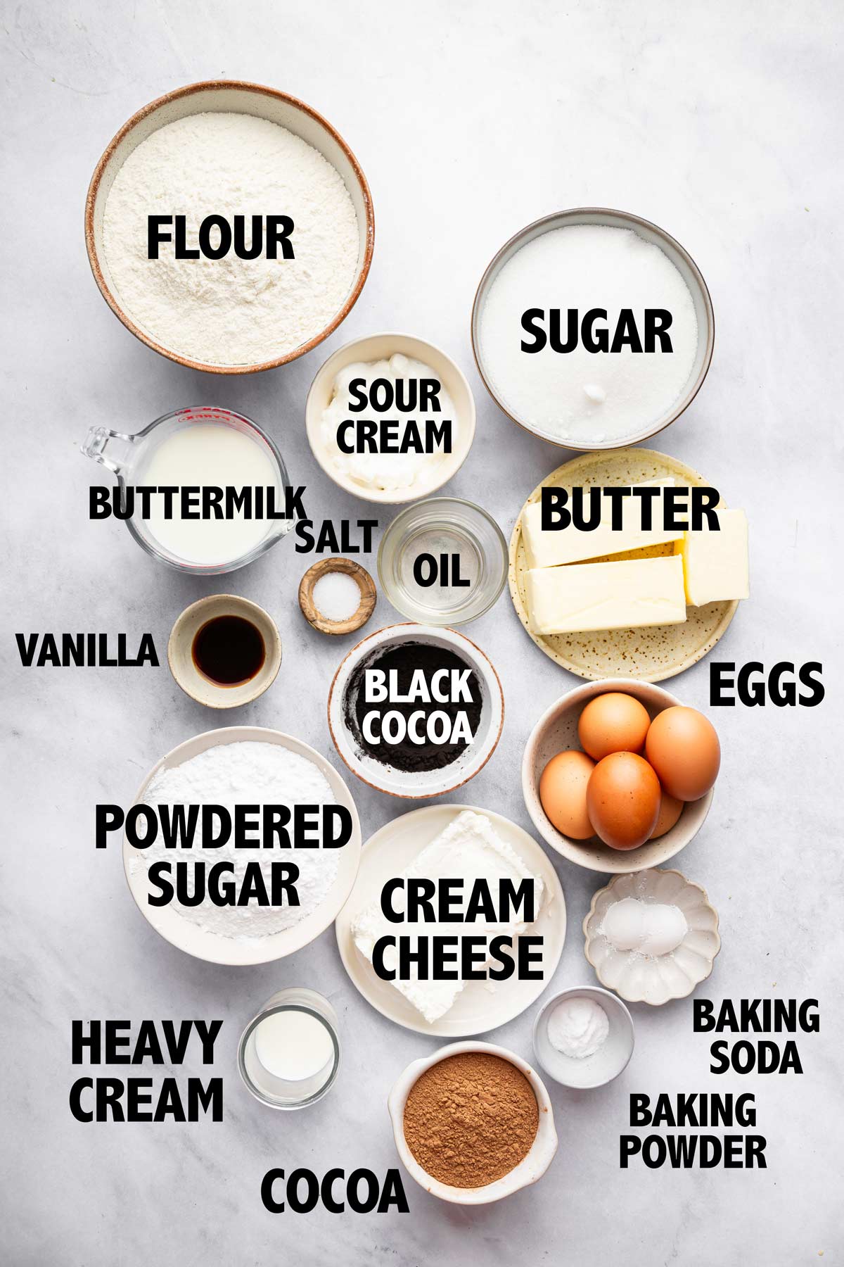 overhead view of ingredients used to make a marble sheet cake.
