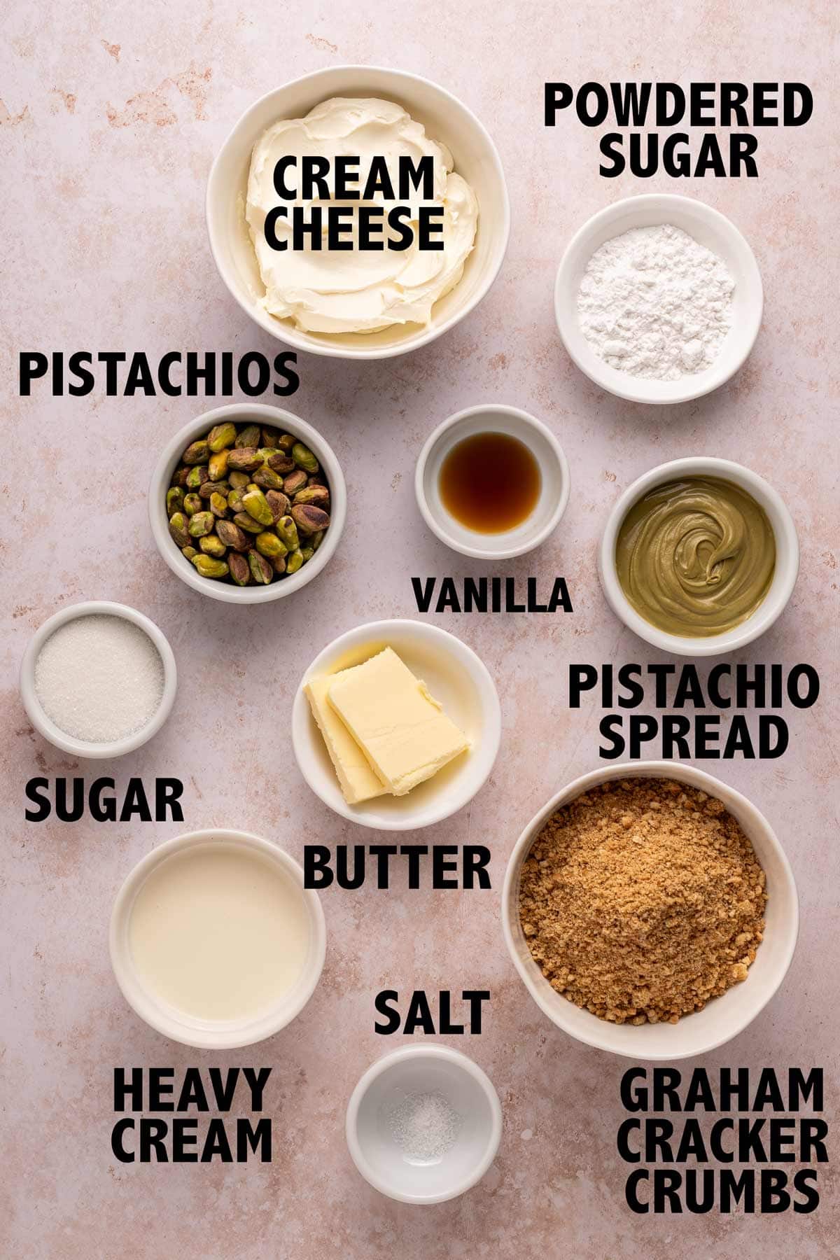 overhead view of ingredients used to make a pistachio cream pie.