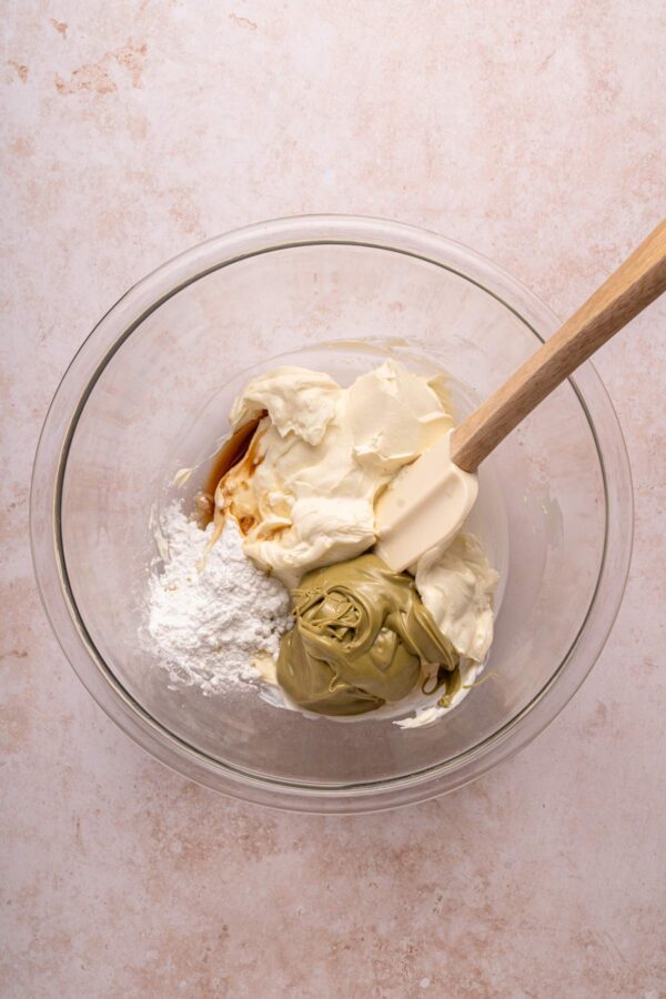 ingredients for pistachio pie filling in a mixing bowl.