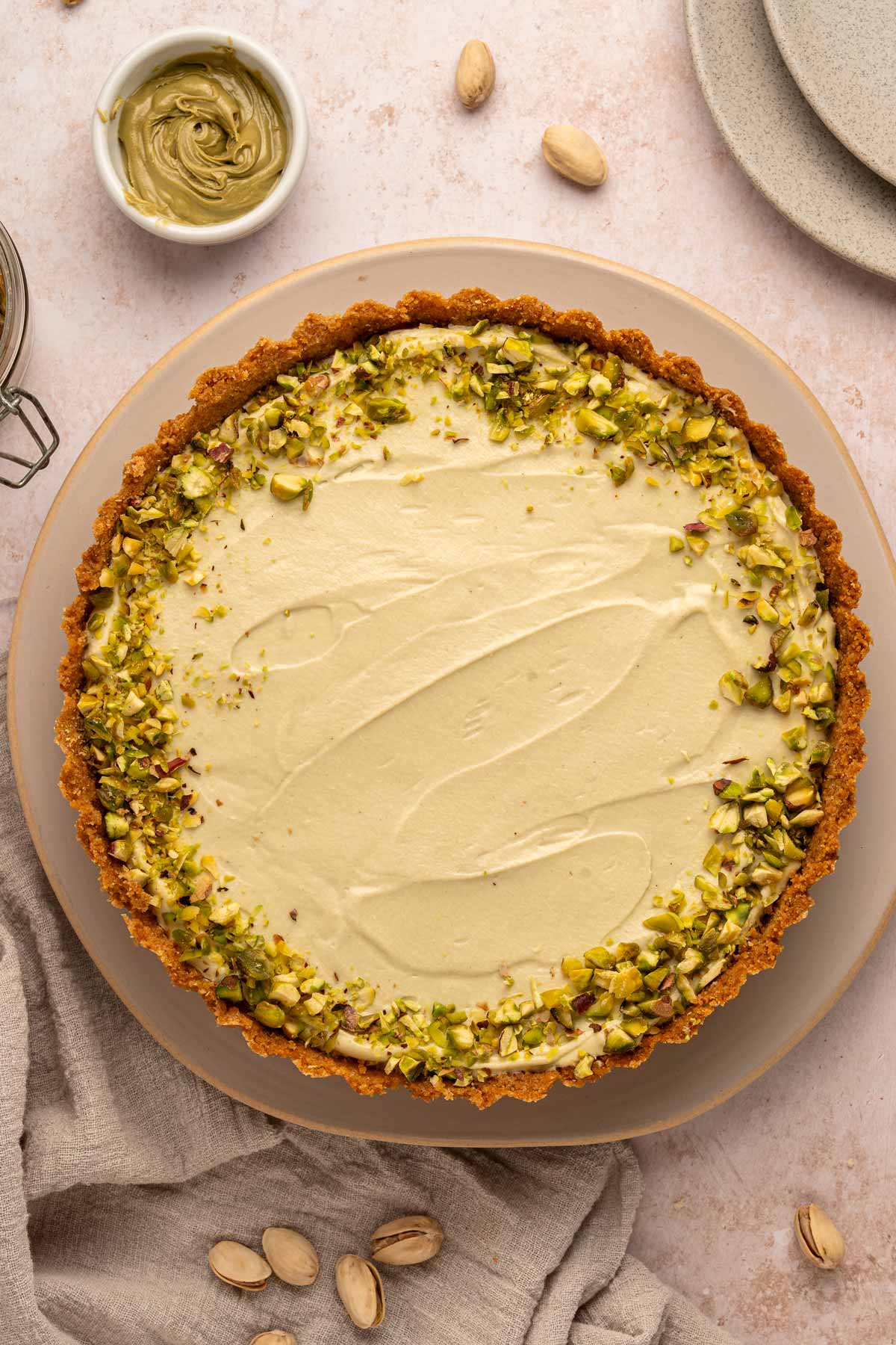 fluffy pistachio pie in a graham cracker crust.