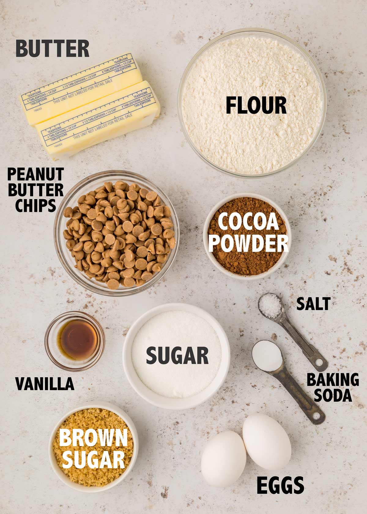 overhead view of ingredients used to make chocolate peanut butter chip cookies.