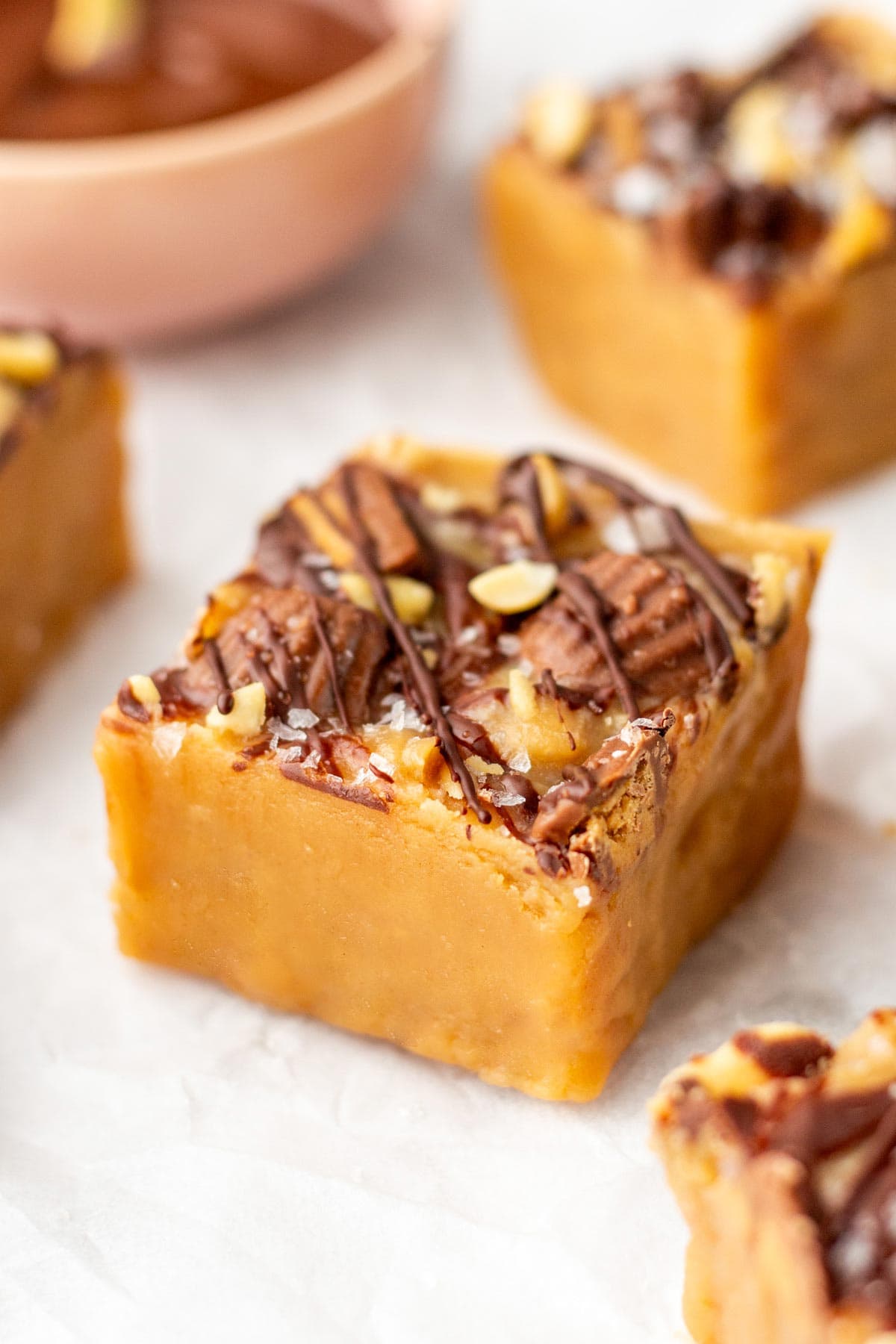 square of peanut butter fudge with flakey sea salt.